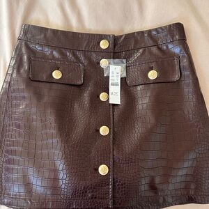 J. Crew Dark Brown Croc-Embossed Mini Skirt with Gold Buttons